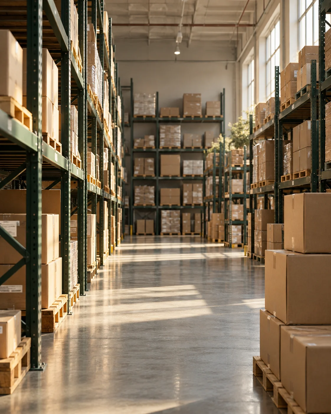 Illustrative view of an organized warehouse aisle with neatly stored cartons and warm natural light